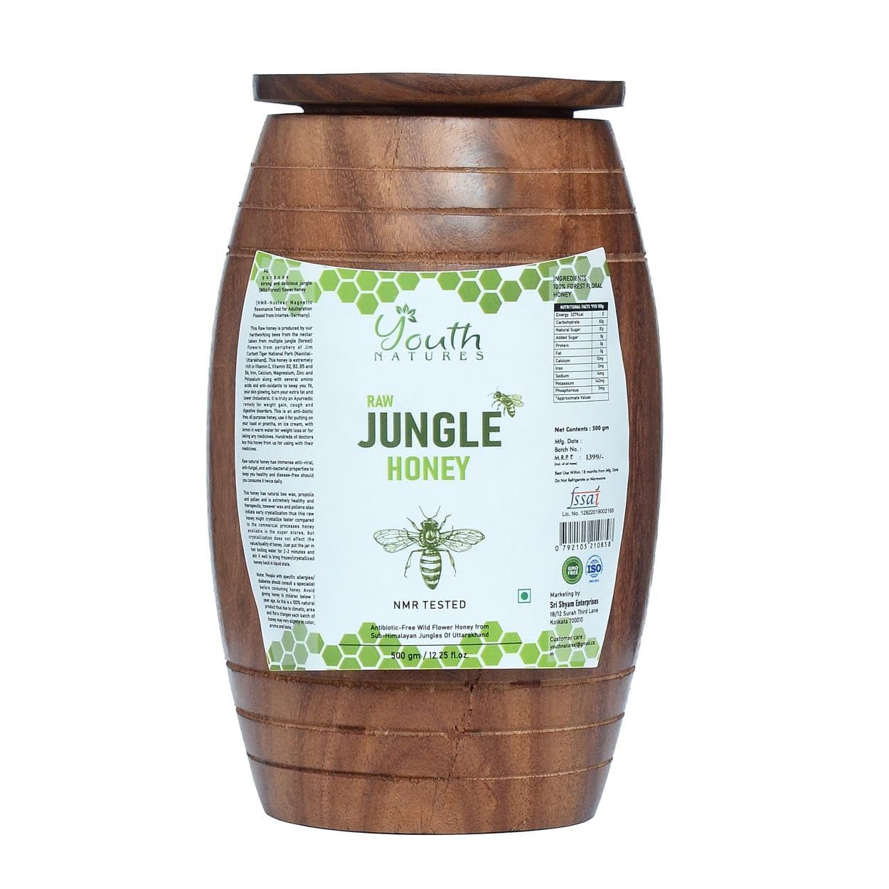 YOUTH NATURES - Pure Wild Jungle Raw Honey 500g in Sheesham Wood Container | Ancient Egyptian Style Unprocessed, Unpasteurized, NMR Tested for Purity | Preserving Nature's Goodness with Sheesham Wood