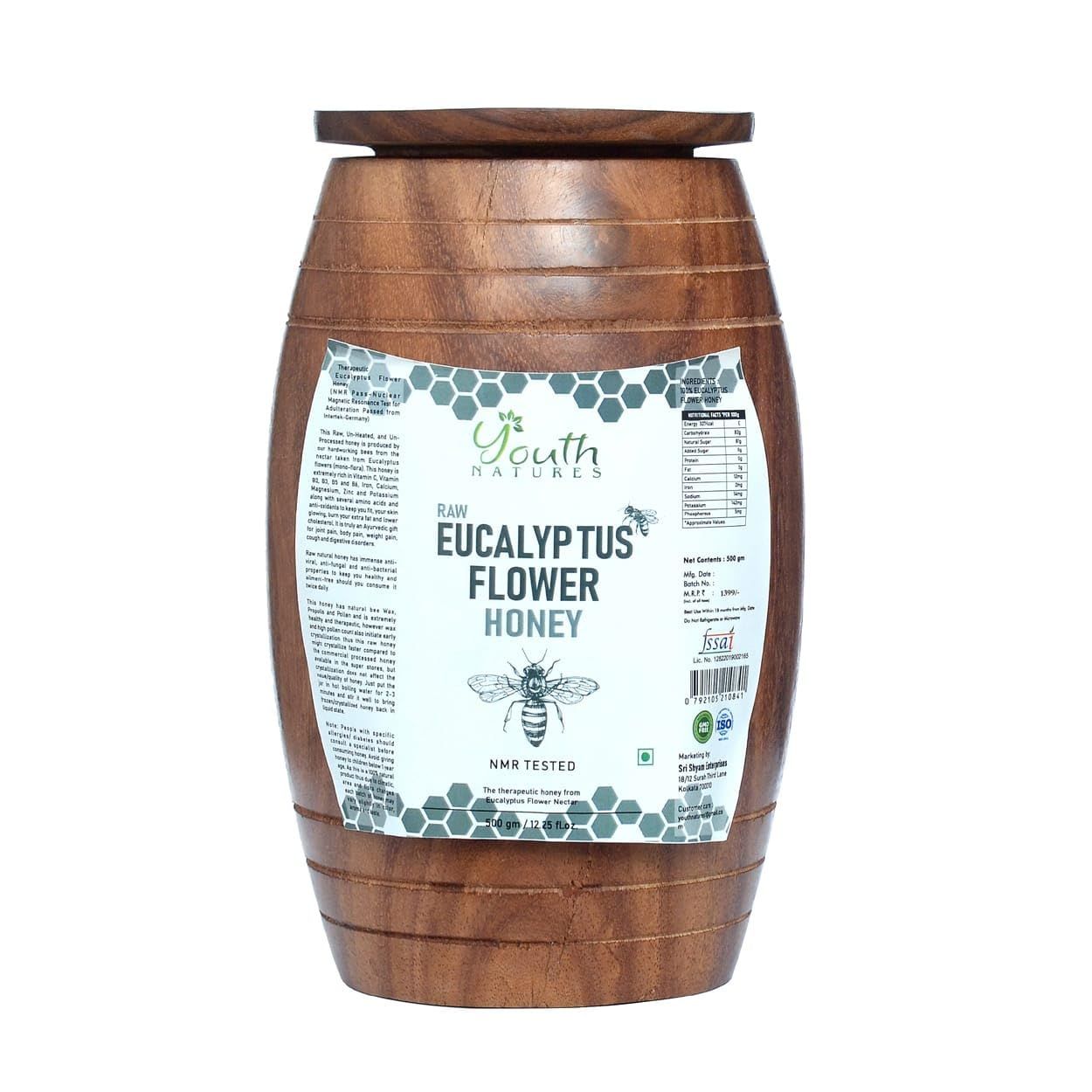 YOUTH NATURES - Pure Eucalyptus Pure Honey 500g in Sheesham Wood Container | Ancient Egyptian Style Unprocessed, Unpasteurized, NMR Tested for Purity | Preserving Nature's Goodness with Sheesham Wood