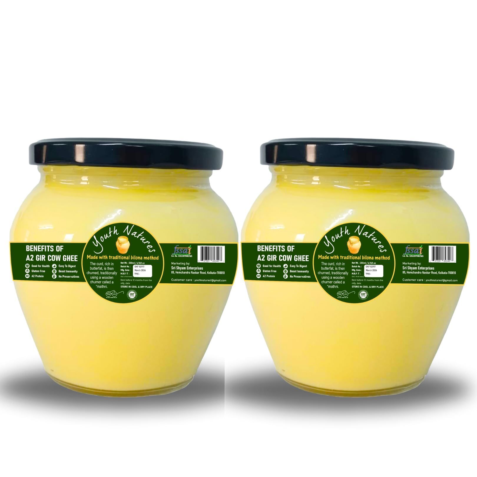 Youth Natures - Grass-Fed Pure Bilona A2 Cow Ghee 16.9 Ounce Pack of 2 | Keto, Lactose and Casein Free, Pasture Raised | Handmade Pure Bilona A2 Cow Ghee 500ml x 2