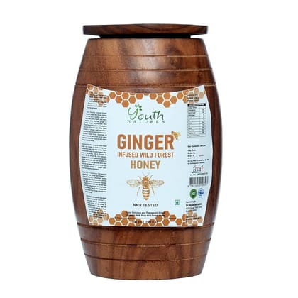 YOUTH NATURES - Pure Ginger Infused Honey - 500 ml in Sheesham Wood Container | Ancient Egyptian Style Unprocessed, Unpasteurized, NMR Tested for Purity | 100% Pure Raw Honey (Net weight 450ml Honey)