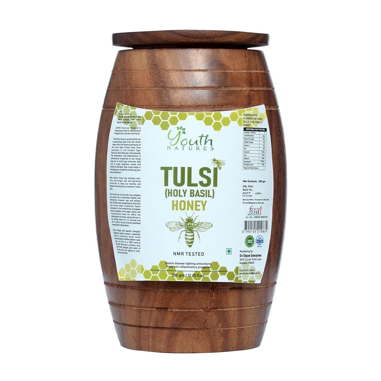 YOUTH NATURES - NMR Pure Tulsi Honey - 500ml | Ancient Egyptian Style Honey in Sheesham Wood Container | Unprocessed, Unpasteurized, NMR Tested for Purity | Preserving Nature's Goodness