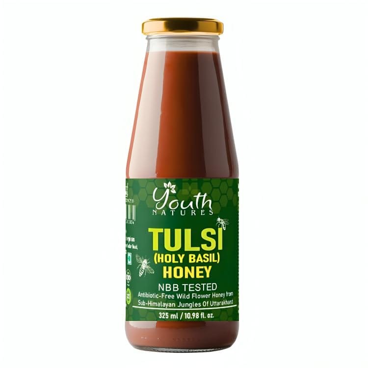 YOUTH NATURES - Raw Tulsi (Holy Basil) Honey - 325ml | NBB Tested | Antibiotic-Free | Sub-Himalayan Jungles of Uttarakhand | Glass Bottle