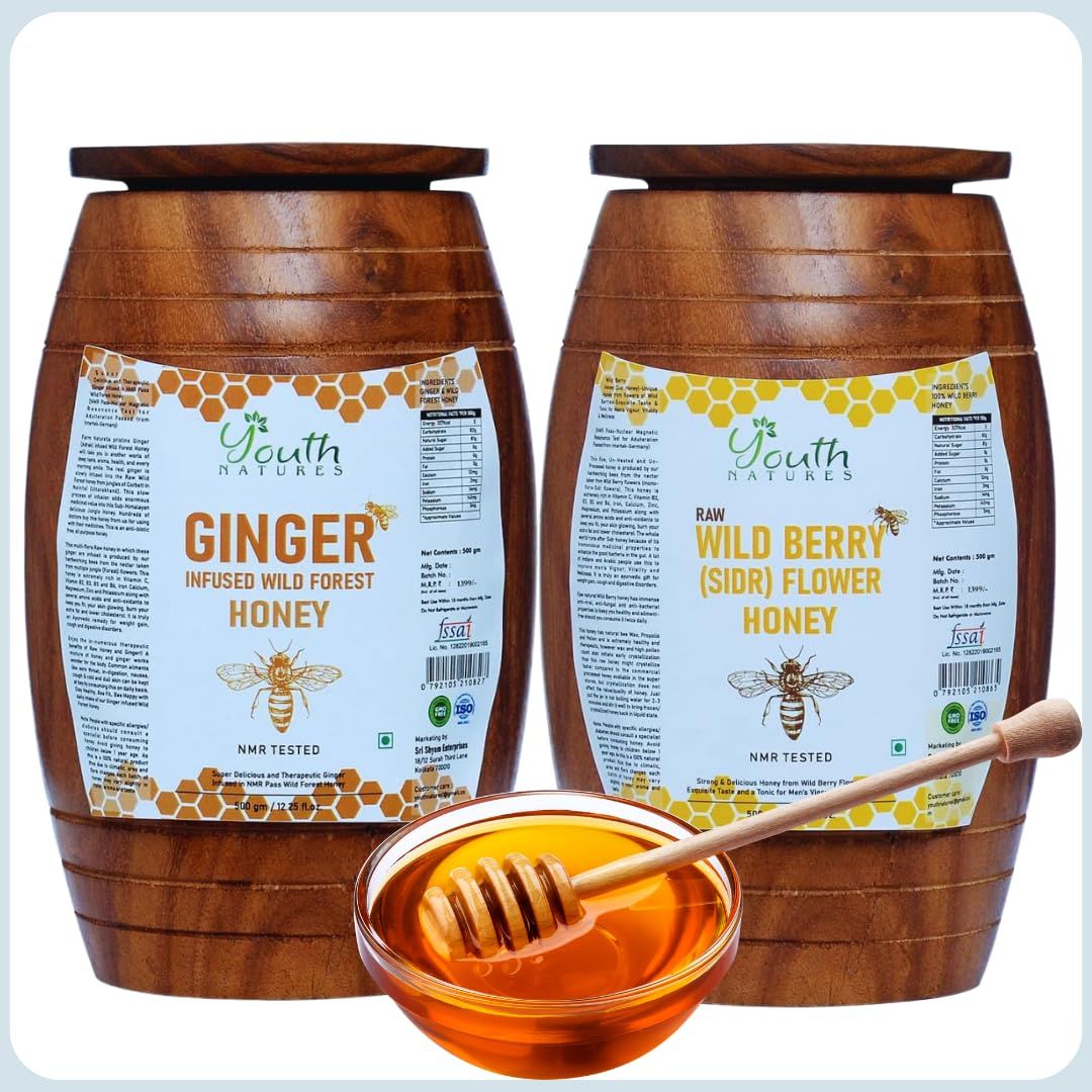 YOUTH NATURES - Ginger and Wild Berry Honey Combo 500X 2 in Sheesham Wood Container | Ancient Egyptian Style Honey, Unprocessed, Unpasteurized, NMR Tested for Purity