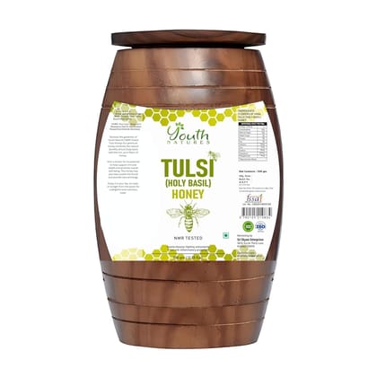 YOUTH NATURES - Pure Tulsi Honey 500ml in Sheesham Wood Container | Ancient Egyptian Style Honey, Unprocessed, Unpasteurized, NMR Tested for Purity | Nature's Goodness with Sheesham Wood Container