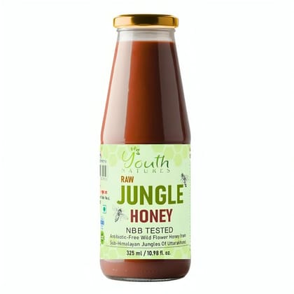 YOUTH NATURES - Raw Jungal Honey - 325ml | NBB Tested | Antibiotic-Free | Sub-Himalayan Jungles of Uttarakhand | Glass Bottle