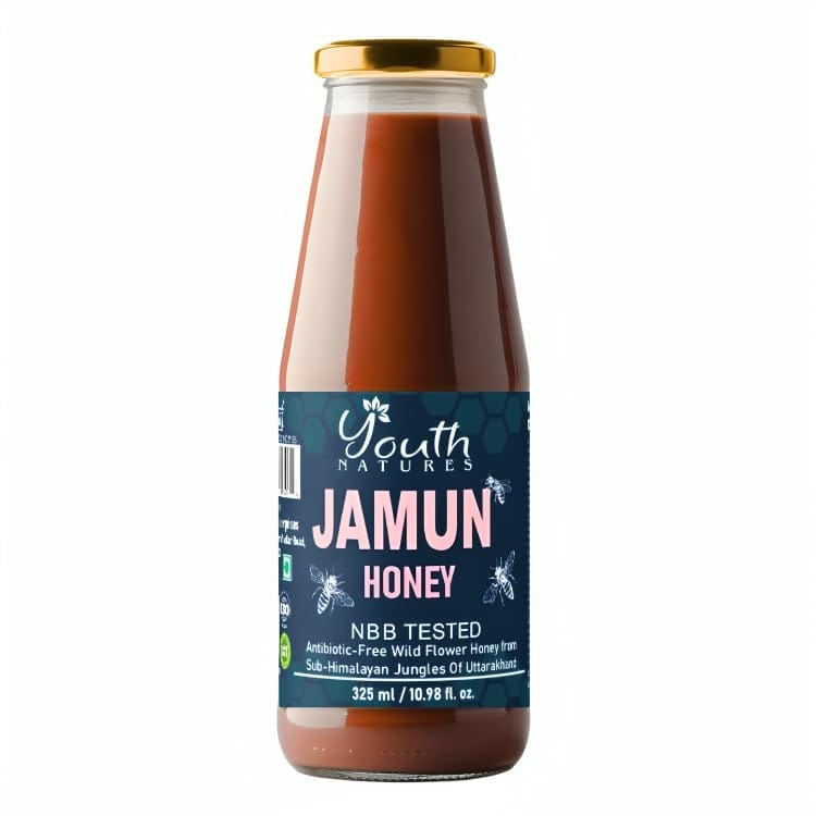 YOUTH NATURES - Raw Jamun Honey - 325ml | NBB Tested | Antibiotic-Free | Sub-Himalayan Jungles of Uttarakhand | Glass Bottle