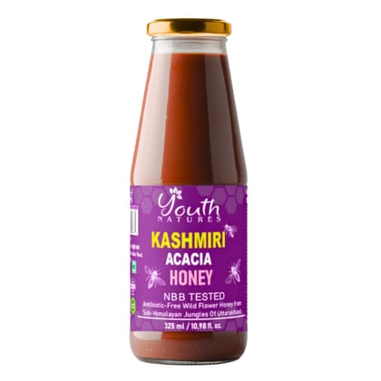 YOUTH NATURES - Raw Kashmiri Acacia Honey - 325ml | NBB Tested | Antibiotic-Free | Sub-Himalayan Jungles of Uttarakhand | Glass Bottle