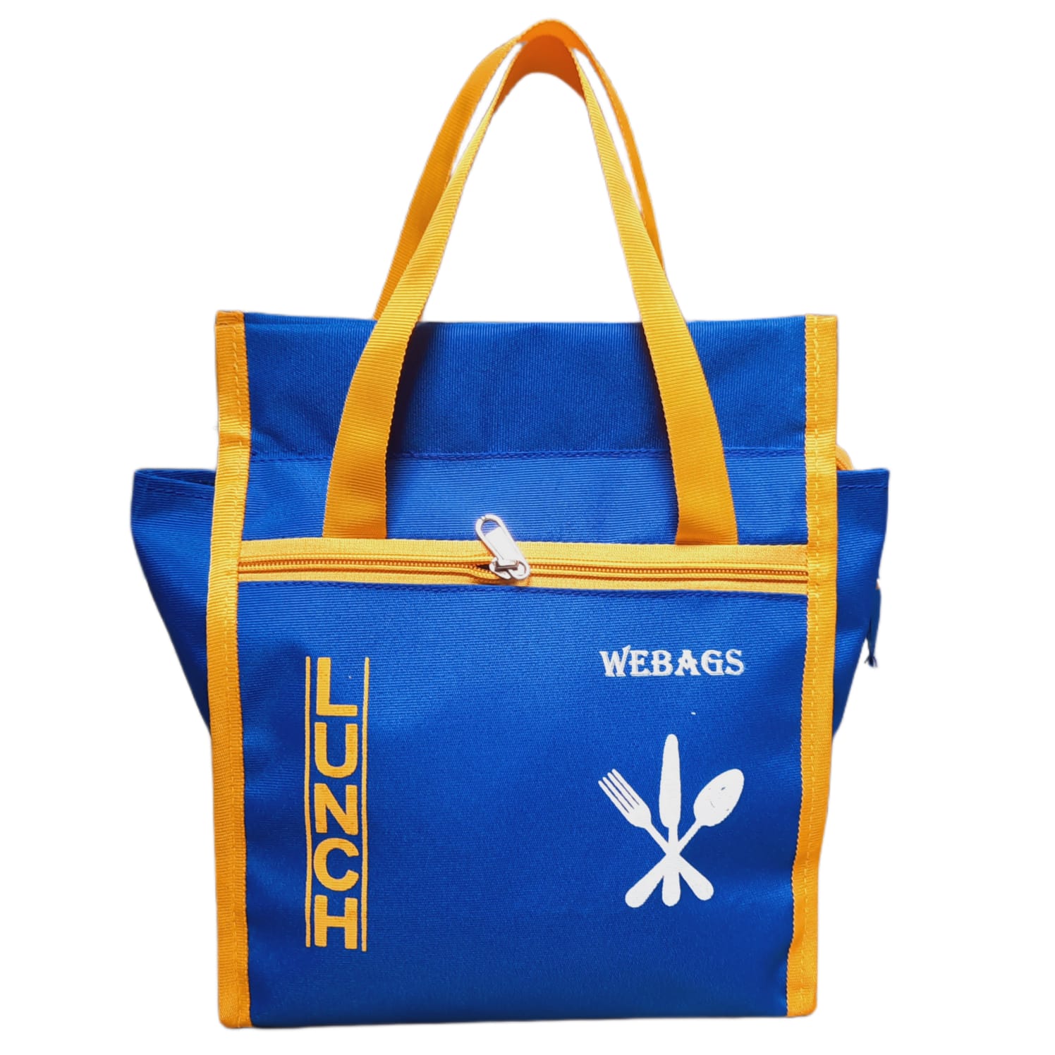  Blue and Yellow Insulated Lunch Tote Bag with Utensil Icon