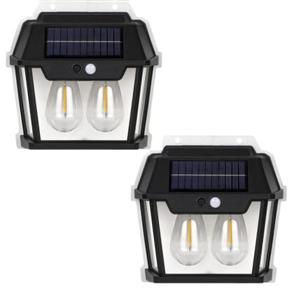 SVRC Solar Wall Lights Outdoor, Wireless Dusk to Dawn Porch Lights Fixture, Solar Wall Lantern with 3 Modes & Motion Sensor, Waterproof with Clear Panel(2 Bulb LED Wall LAMP) Pack of 2