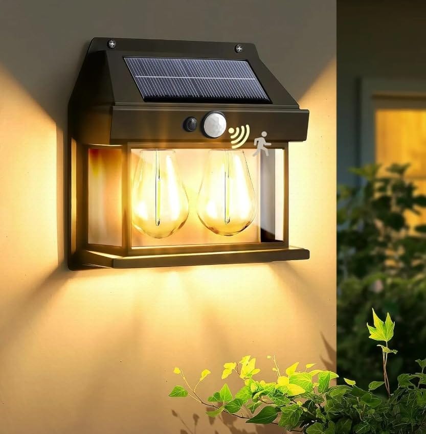 SVRC Solar Wall Lights Outdoor, Wireless Dusk to Dawn Porch Lights Fixture, Solar Wall Lantern with 3 Modes & Motion Sensor, Waterproof with Clear Panel(2 Bulb LED Wall LAMP) Pack of 1