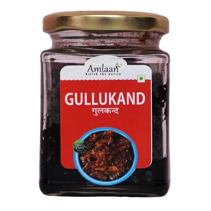 AMLAAN Natural Gulkand 100% Sun-Cooked Pure Rose Petal Jam with No Artificial Flavors | Sweetened with Raw Sugar (Mishri) Improves Digestion | Natural Coolant | A Healthy Dessert, Glass Jar