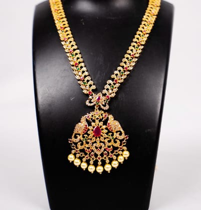  Stunning antique gold plated mango haram with rubies and emeralds