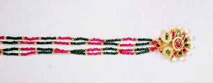  "Stunning Gold-Plated Traditional Indian Necklace Set with Green and Pink Beads and Ruby Stones"