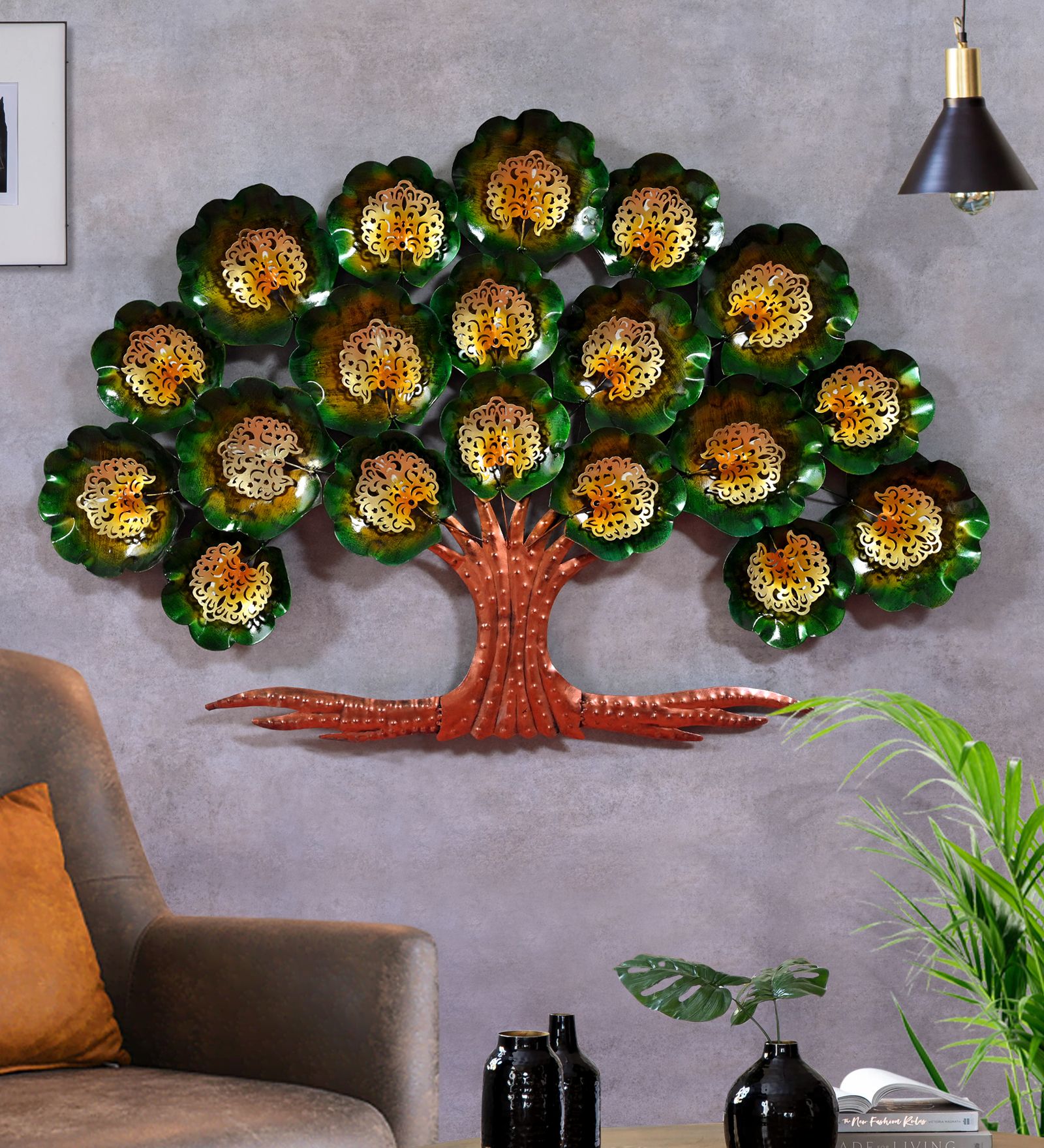 Indraj Premium Craft Handcrafted Decorative Metal Tree Wall Showpiece with Floral Design | LED Wall Tree for Living Room, Restaurant, Gift | 96 Cm Length