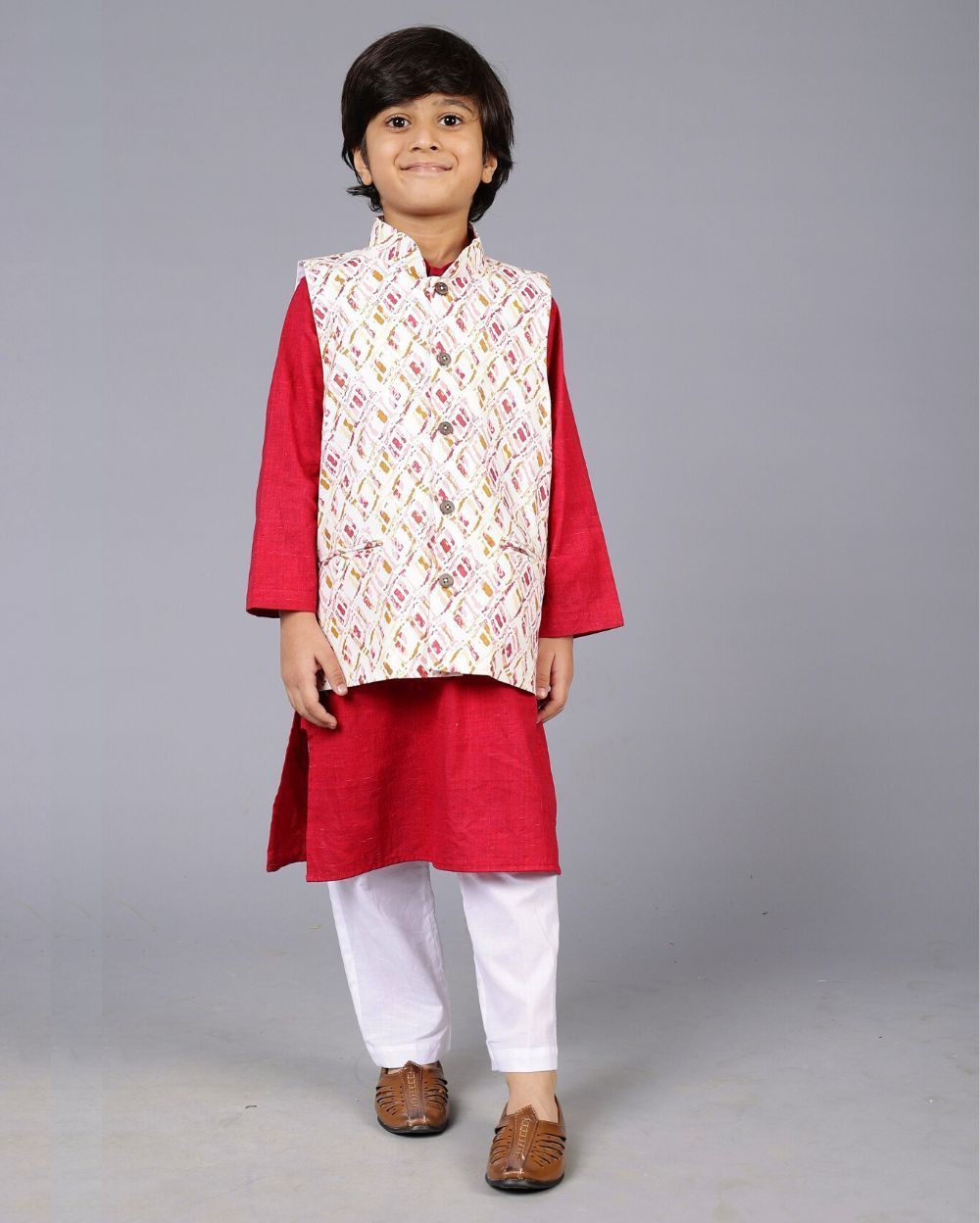 Printed Jacket, Maroon Kurta with White Pyjama (3 Pcs Set)