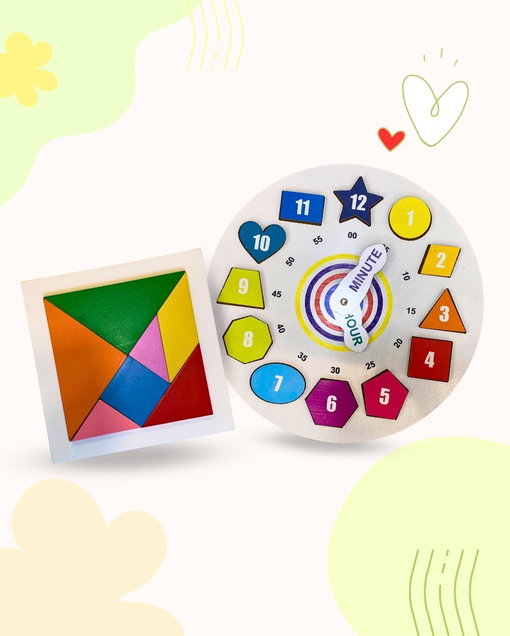 Wooden Clock Toy & Wooden Tangram Puzzle for Kids