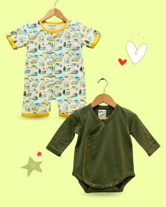 100% Cotton Printed Romper & Green Onesie for Baby Boys - 2 Piece Set