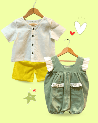 100% Cotton White Top & Yellow Shorts Baby Set & Green Frill Onesie for Baby Girls - 2 Piece Set