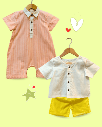 100% Cotton White Top & Yellow Shorts Baby Set' and 'Orange Striped Romper for Baby Boys - 2 Piece Set