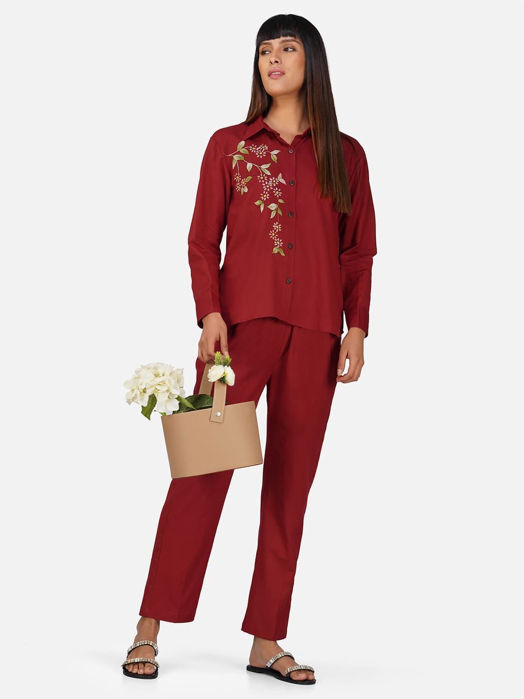 Solid Maroon Hand-Embroidered Cotton Flex Co-ord Set