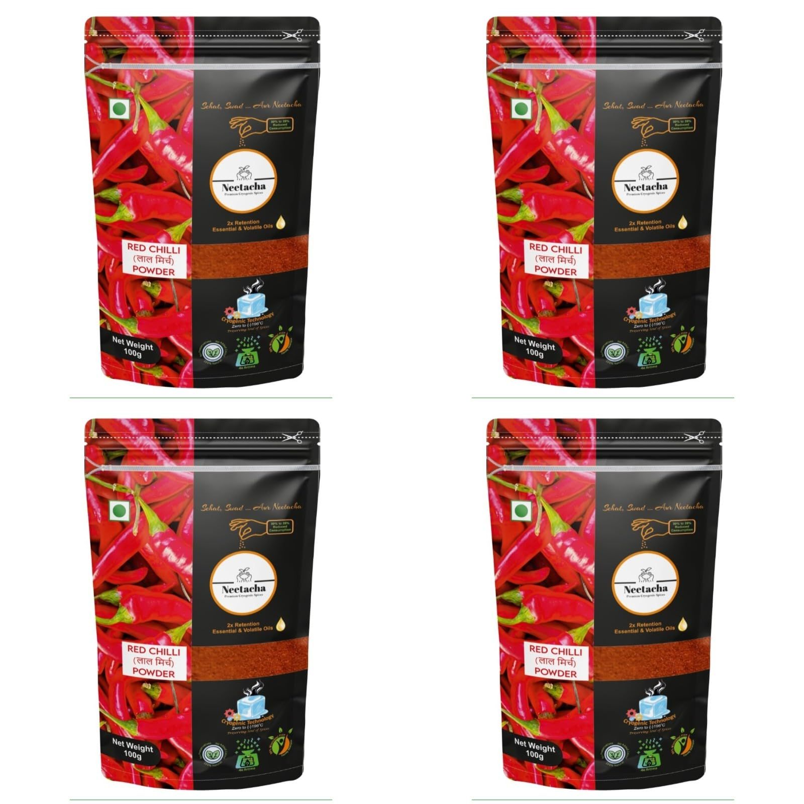 Neetacha Premium Cryogenic Teekha Lal Chilli Powder | 400g | Pack of 4 | Red Hot Chilli Powder | No Added Colours, Flavours, or Oil | Pure & Natural