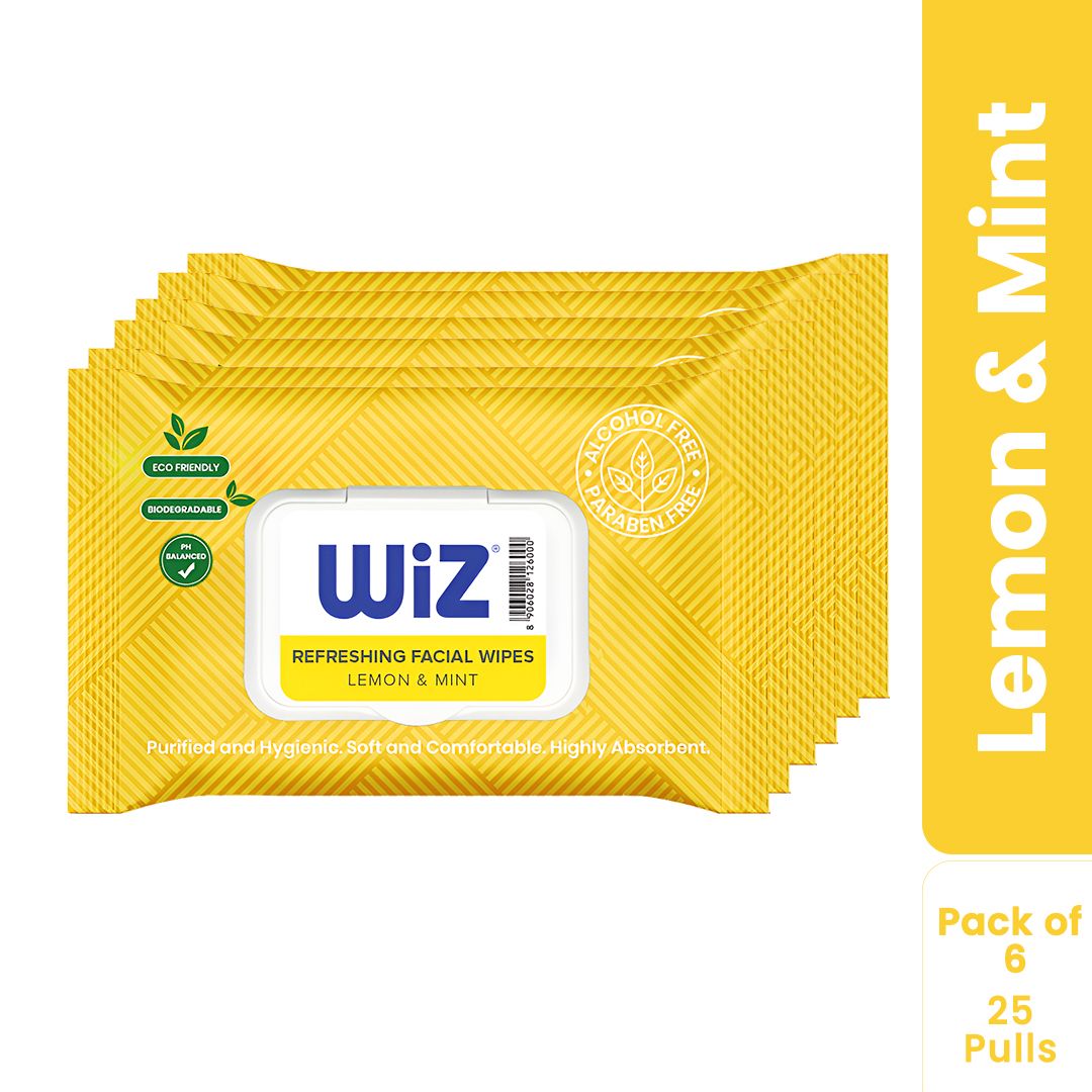 Wiz Lemon & Mint Refreshing Facial Wipes - 25 Pulls (Pack of 6)