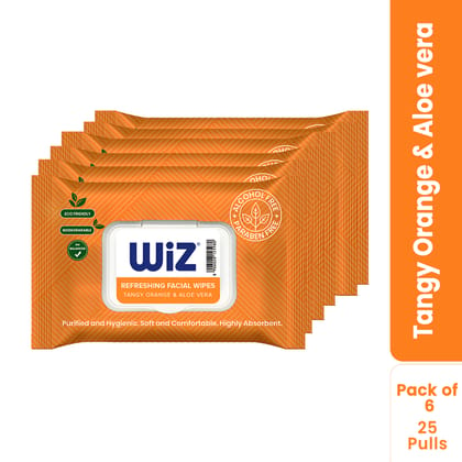 Wiz Tangy Orange & Aloevera Refreshing Facial Wipes - 25 Pulls (Pack of 6)