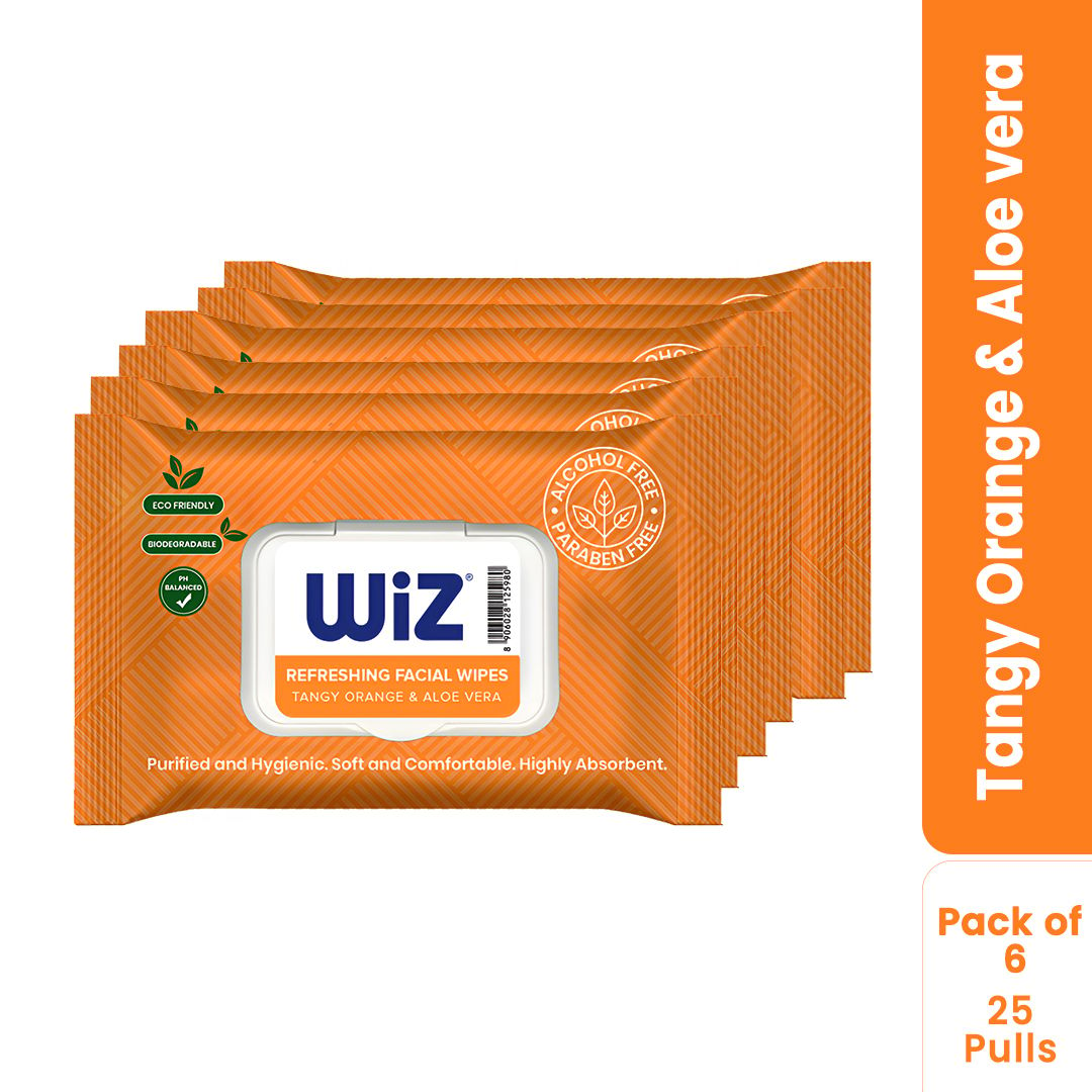 Wiz Tangy Orange & Aloevera Refreshing Facial Wipes - 25 Pulls (Pack of 6)