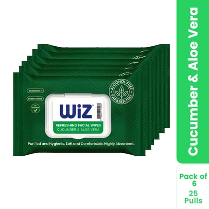 Wiz Cucumber & Aloe Vera Refreshing Facial Wipes - 25 Pulls (Pack of 6)