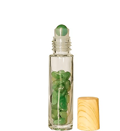 Getmecraft 10ml Green Jade Clear Glass Roll On Bottle For Essential Oils,Refillable Roller Bottle With Natural Crystal Gemstone Roller Balls Top,Bamboo Lid-Healing Crystal Chips Inside