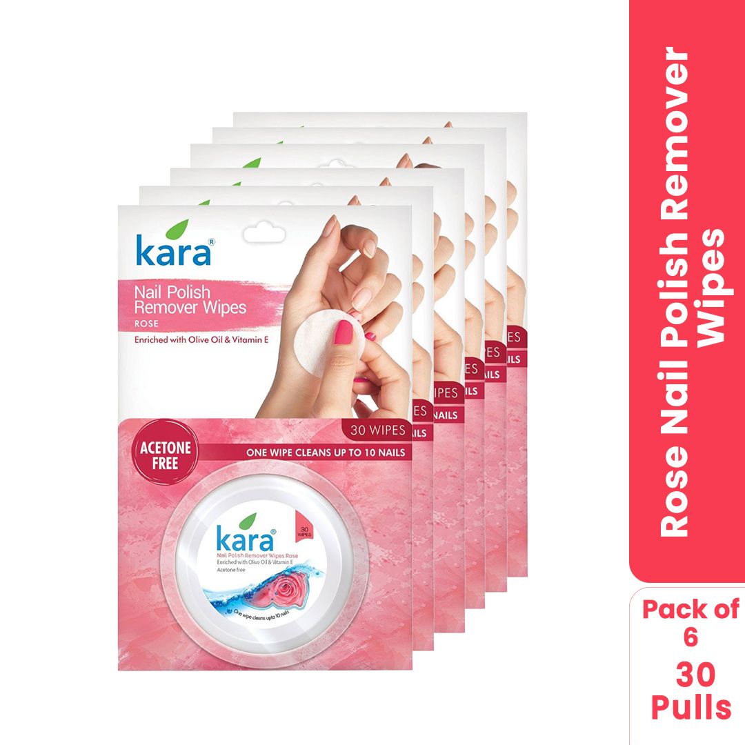 Kara Nail Polish Remover Wipes Rose - 30 Pulls (Pack of 6)| Travel-Friendly | Enriched with Olive Oil & Vitamin E | Acetone Free | One Wipe Cleans 10 Nails