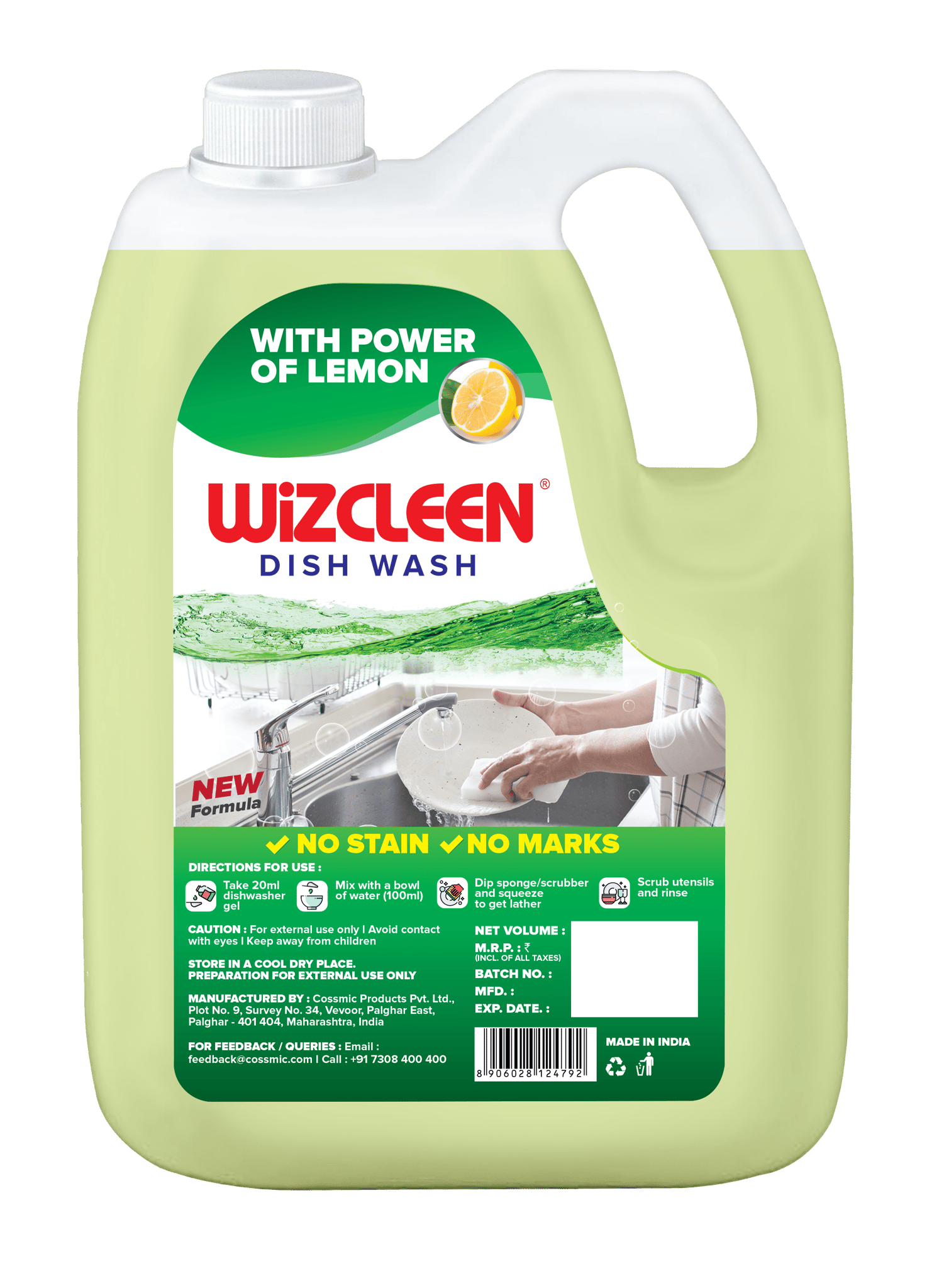 Wiz Dish Wash Liquid with Power of Lemon 5L Refill Can