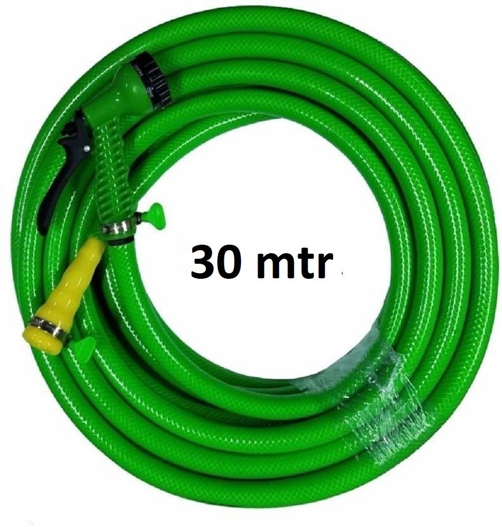 Greenery 30 MTR PREMIUM BRAIDED HOSE GREEN 1/2" INCH WITH 8 MODE / PATTERN SPRAYER AND NOZZLE FOR MULTIPURPOSE USE SUITABLE FOR GARDEN, CARWASH, PETWASH Hose Pipe