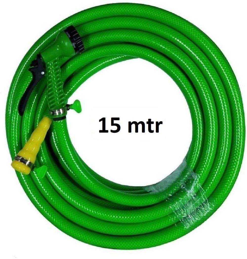 Greenery 15 MTR PREMIUM BRAIDED HOSE GREEN 1/2" INCH WITH 8 MODE / PATTERN SPRAYER AND NOZZLE FOR MULTIPURPOSE USE SUITABLE FOR GARDEN, CARWASH, PETWASH Hose Pipe