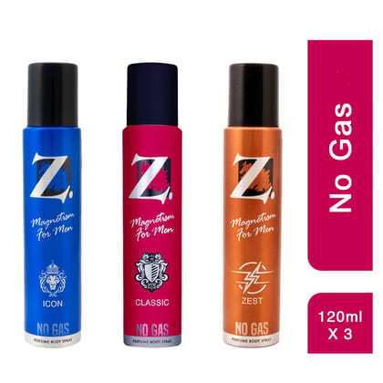 Z Men's Classic, Zest, Icon No Gas Deo, 120ml X 3, Luxury deodorants, Prevents Odor, Refreshing Premium Aromatic Long lasting Perfume, Body Spray for Party, Office, Date (Pack of 3)