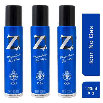 Z Men's Icon No Gas Deo, 120ml X 3, Spicy & Bold Fragrance, Luxury deodorants, Prevents Odor, Refreshing Premium Aromatic Long lasting Perfume, Body Spray for Party, Office, Date (Pack of 3)