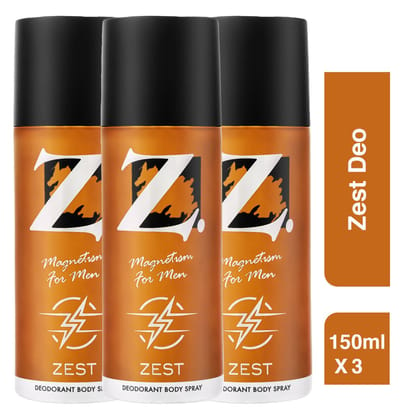 Z Men's Zest Deo, 150ml X 3, Citrusy & Fresh Fragrance, Luxury deodorants, Prevents Odor, Refreshing Premium Aromatic Long lasting Perfume, Body Spray for Party, Office, Date (Pack of 3)