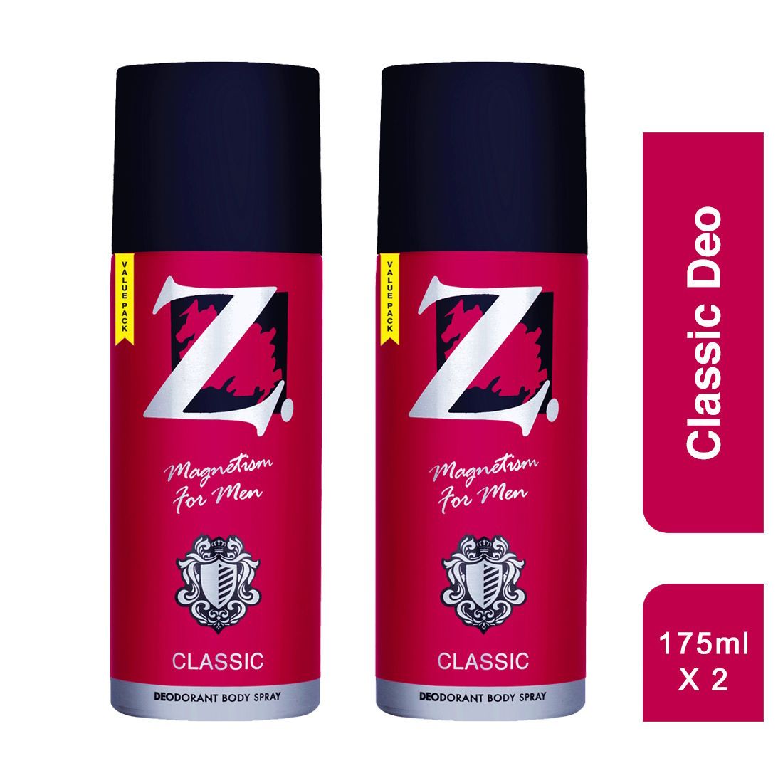 Z Men's Classic Deo, 175ml X 2, Woody, Musky Fragrance, Luxury deodorants, Prevents Odor, Refreshing Premium Aromatic Long lasting Perfume, Body Spray for Party, Office, Date (Pack of 2)