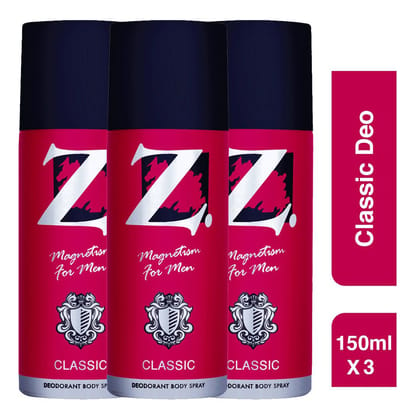 Z Men's Classic Deo, 150ml X 3, Woody, Musky Fragrance, Luxury deodorants, Prevents Odor, Refreshing Premium Aromatic Long lasting Perfume, Body Spray for Party, Office, Date (Pack of 3)