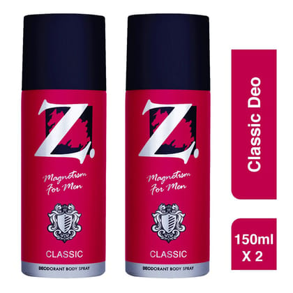 Z Men's Classic Deo, 150ml X 2, Woody, Musky Fragrance, Luxury deodorants, Prevents Odor, Refreshing Premium Aromatic Long lasting Perfume, Body Spray for Party, Office, Date (Pack of 2)