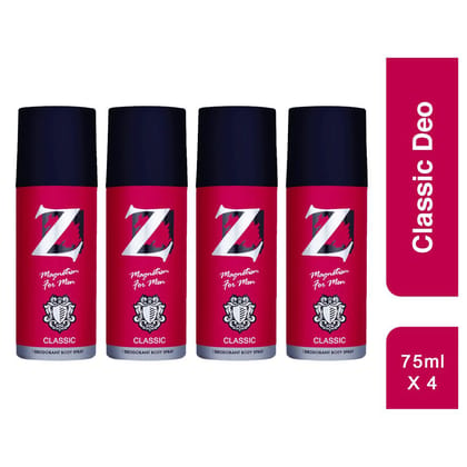 Z Men's Classic Deo, 75ml X 4, Woody, Musky Fragrance, Luxury deodorants, Prevents Odor, Refreshing Premium Aromatic Long lasting Perfume, Body Spray for Party, Office, Date (Pack of 4)