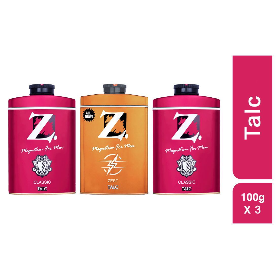 Z Men's Classic Talc 100g X 2 and Zest Talc 100g, Musky & Fresh Fragrance, Perfumed Talcum Powder for Men Prevents Odor, Smooth Texture, Long Lasting Freshness, Ideal for All Skin Types (Pack of 3)