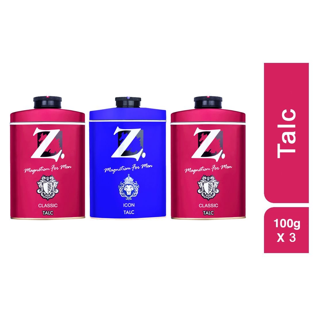 Z Men's Classic Talc 100g X 2 and Icon Talc 100g, Musky & Spicy Fragrance, Perfumed Talcum Powder for Men Prevents Odor, Smooth Texture, Long Lasting Freshness, Ideal for All Skin Types (Pack of 3)