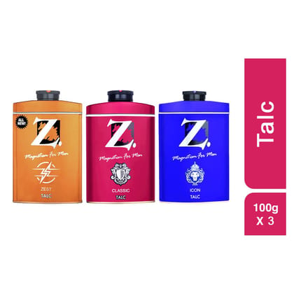 Z Men's Classic Icon Zest Talc, 100g X 3, Musky, Spicy, Fresh Fragrance, Perfumed Talcum Powder for Men Prevents Odor, Smooth Texture, Long Lasting Freshness, Ideal for All Skin Types (Pack of 3)