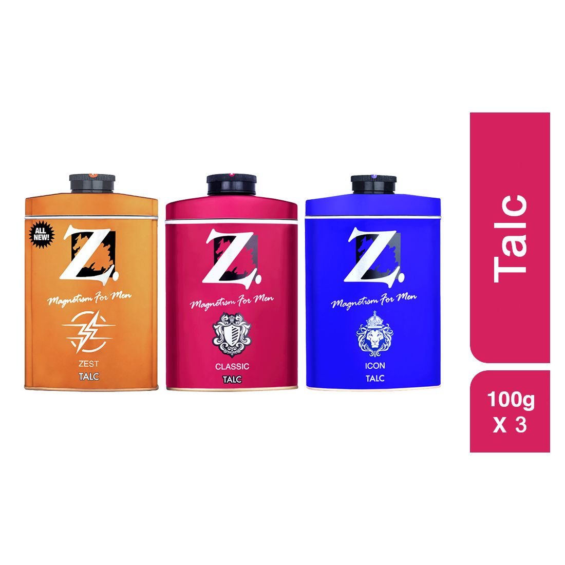 Z Men's Classic Icon Zest Talc, 100g X 3, Musky, Spicy, Fresh Fragrance, Perfumed Talcum Powder for Men Prevents Odor, Smooth Texture, Long Lasting Freshness, Ideal for All Skin Types (Pack of 3)