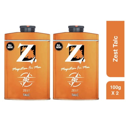 Z Men's Zest Talc, 100g X 2, Citrusy & Fresh Fragrance, Premium Perfumed Talcum Powder for Men, Prevents Odor, Smooth Texture, Long Lasting Freshness, Ideal for All Skin Types (Pack of 2)