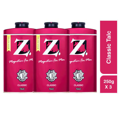 Z Men's Classic Talc, 250g x 3, Woody & Musky Fragrance, Premium Perfumed Talcum Powder for Men, Prevents Odor, Smooth Texture, Long Lasting Freshness, Ideal for All Skin Types (Pack of 3)