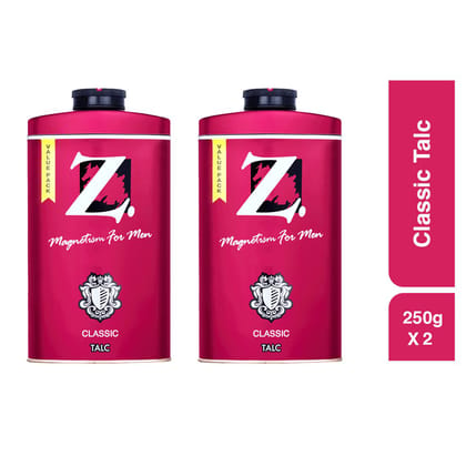 Z Men's Classic Talc, 250g x 2, Woody & Musky Fragrance, Premium Perfumed Talcum Powder for Men, Prevents Odor, Smooth Texture, Long Lasting Freshness, Ideal for All Skin Types (Pack of 2)