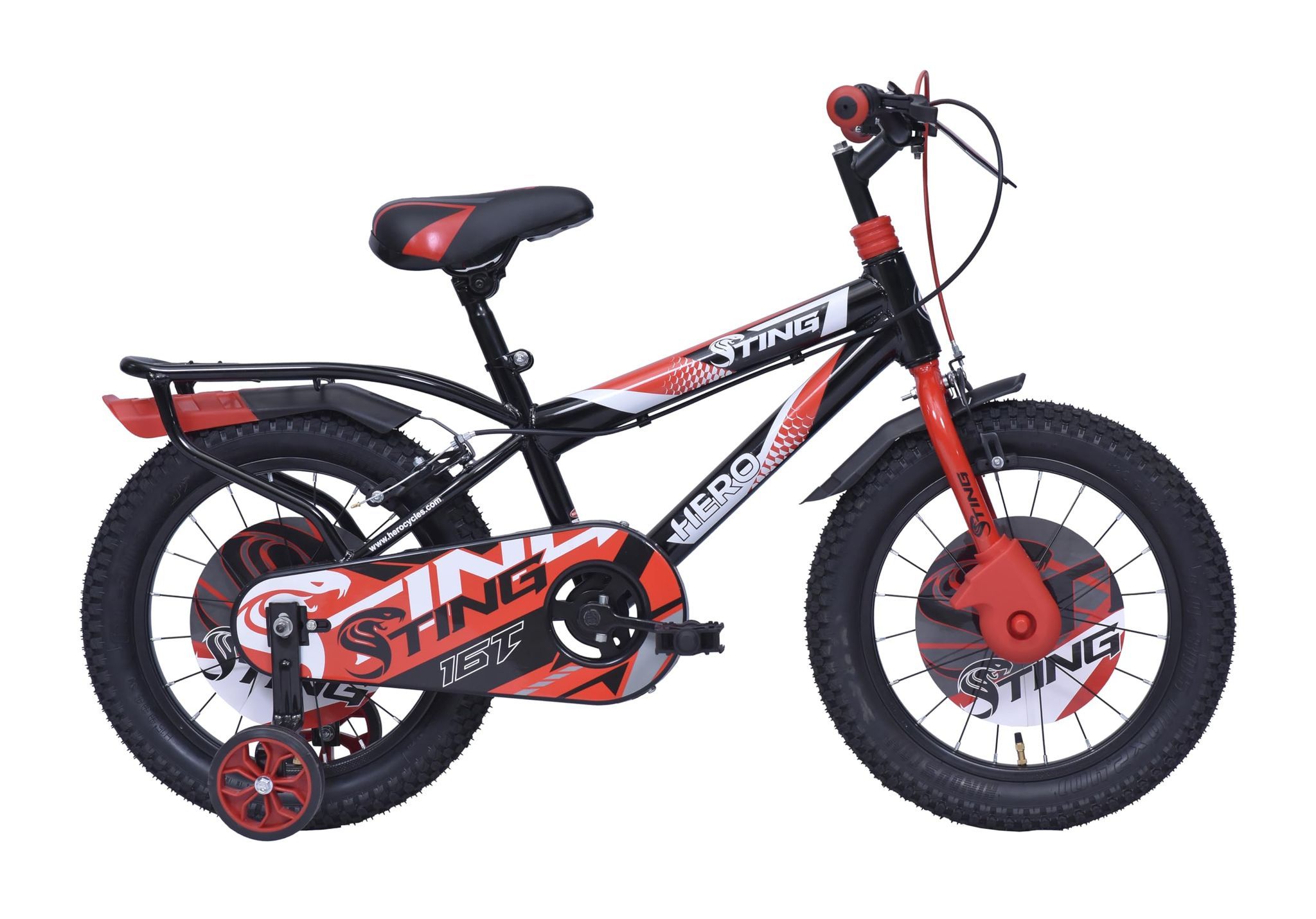 Hero Sting 16T Bicycle for Kids | Internal carrier | Rigid Suspension | Caliper Brake | Black-Red