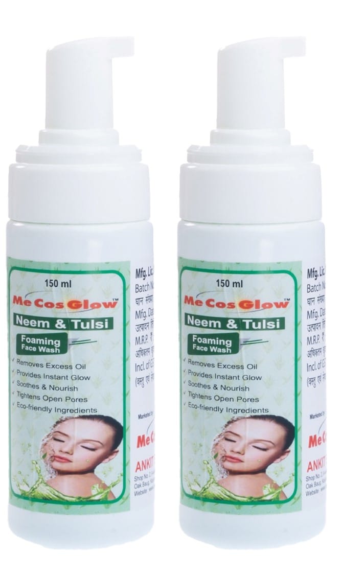 Me Cos Glow Neem Tulsi Face Wash - Purifying Cleanser for Acne-Prone Skin, Natural Antioxidants & Herbal Formula - 150ml | Pack of 2